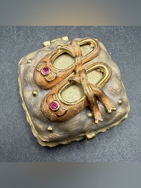 Monet Vintage Metal Rhinestone Enamel Ballet Slipper Hinged Trinket Box Pill Box